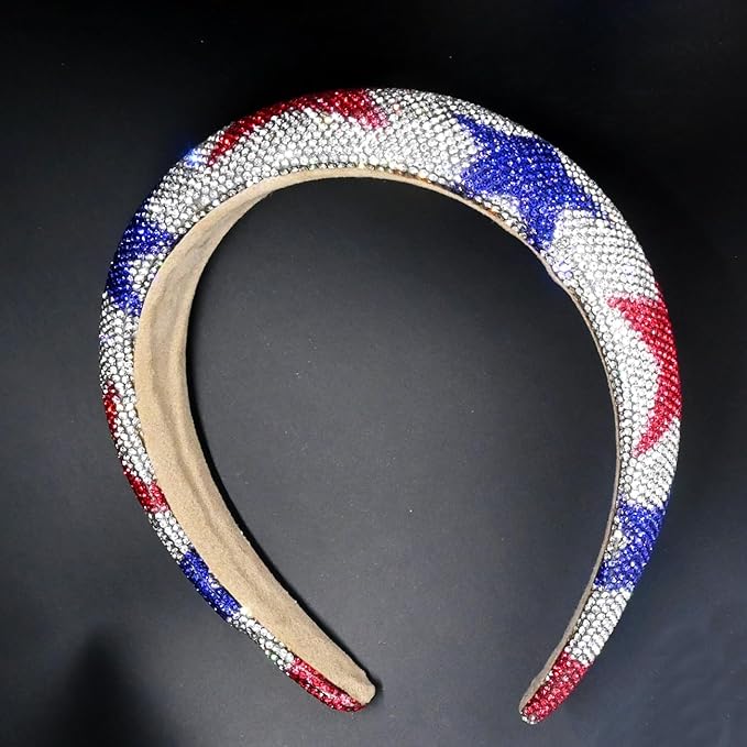 4th of July Rhinestone Headbands for Women Girls Padded Hairband for Girls Red Blue Star Rhinestone Sparkle Head Band Patriotic Hair Accessories