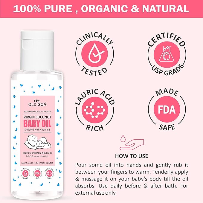 Organic Baby Oil | Cold Pressed | Non Sticky | Quick Absorb | Baby's Sensitive Skin & Hair - 200 Ml