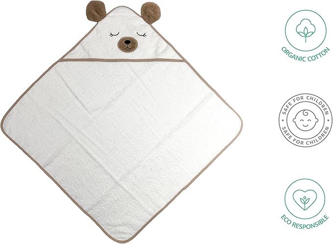 Organic Baby Hooded Bath Towel 30x30 Inch – 100% Organic Cotton, 380 GSM Soft & Absorbent Newborn Towel with Embroidered Hood, (Bear)