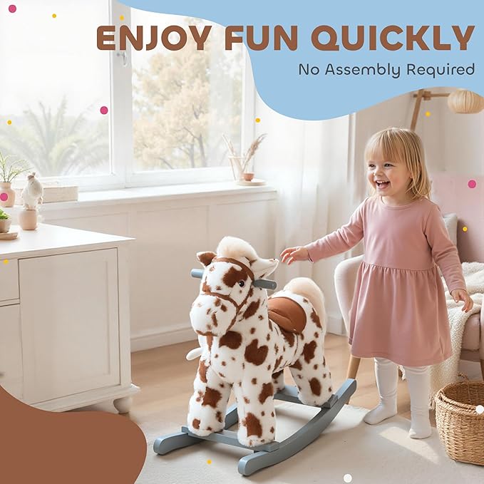 Qaba Rocking Horse, Kids Plush Animal Rocker with Realistic Neighing Sound for Toddlers 2–5 Years Old, Soft Filling Ride on Horse with Rabbit Toy, Brown