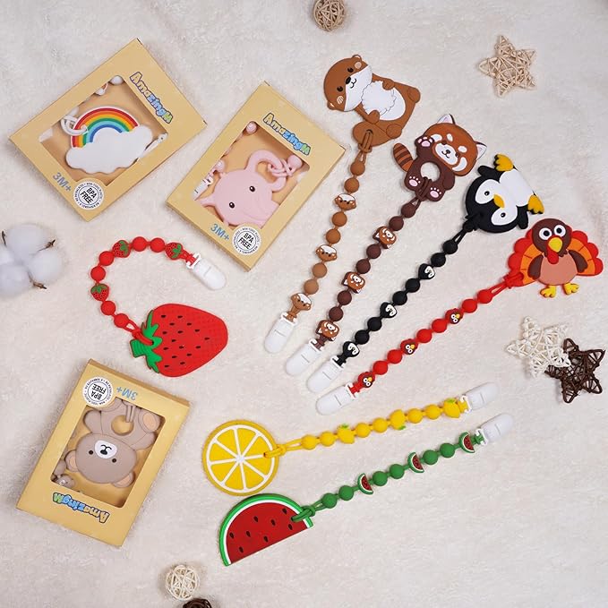 Cute Animal Baby Food Grade Silicone Teether Toy with One Piece Design Pacifier Clip Holder,Teething Pain Relief Toys Gift Set for 3 Months+ Boys and Girls,Freezer Safe,BPA Free (Watermelon)