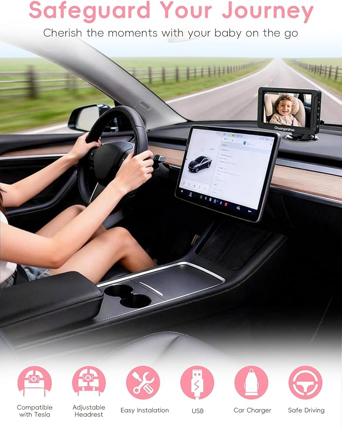 S100C Car Baby Camera USB Powered, Crystal Clear Auto IR Night Vision in Total Dark, Adjust Brightness & 1080P 5" IPS Monitor, 3X Zoom & 360 Rotating Backseat/Carseat Camera for Car Baby Monitor
