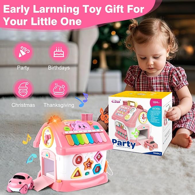Toddler Girl Toys for 1 Year Old, Montessori Toys for 1 Year Old Girl Birthday Gift, 8 In 1 Pink Baby Musical Learning House with Sound Light Music, Creative Gifts for Baby Toys 6-12 18 Months