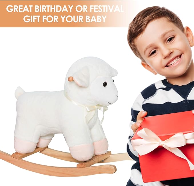 Qaba Lamb Rocking Horse Sheep, Nursery Stuffed Animal Ride On Rocker for Kids, Wooden Plush, White