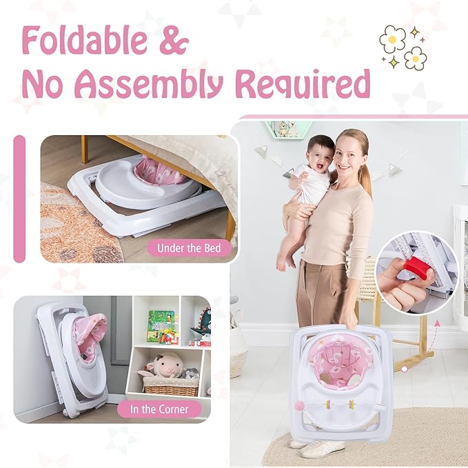 HONEY JOY Baby Walker, Foldable Toddler Push Walker with Toys, Adjustable Height, High Back Padded Seat, Infant Activity Walker with Wheels for Boys and Girls (Pink)