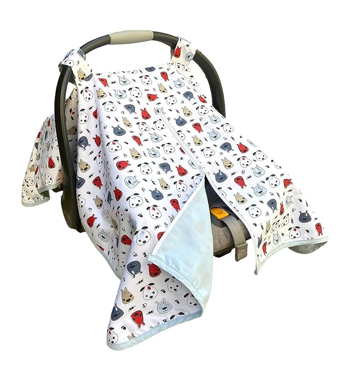 effe bébé Car Seat Covers for Newborn Infant Baby - Made from 100% Breathable Cotton - Can be Used for Carseat Canopy Baby Carrier Stroller Cover - for Boys and Girls (Blue Doggie)