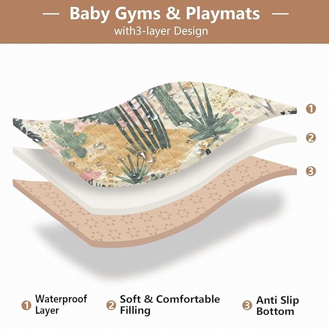 Baby Play Mat Tropical Cactus Desert Pink 50 x 50 Playpen Mat Baby Play Mats for Floor Play Gym Crawling Mat Non-Slip Cushioned Baby Playmat for Infants, Babies, Toddlers