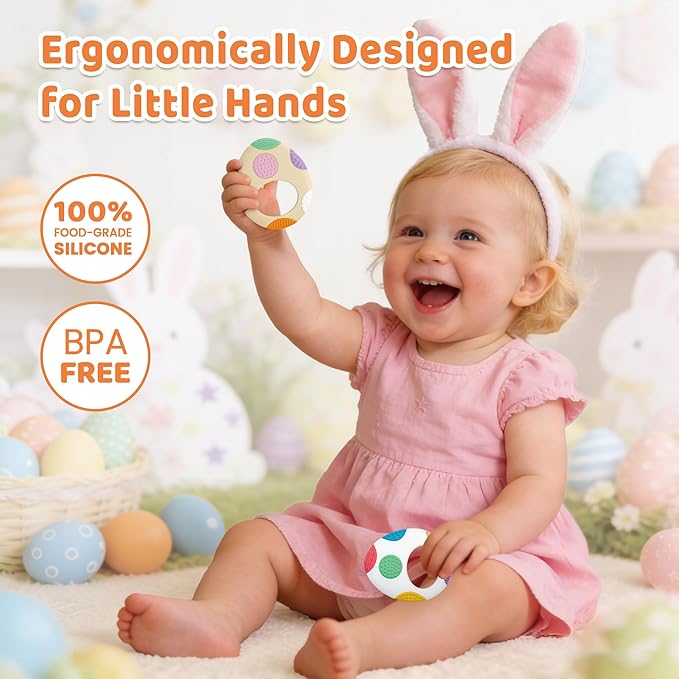Easter Eggs Baby Teething Toys, Basket Essentials Stuffers Silicone Egg Teether Toys for Infant & Babies & Toddlers, Baby's First Easter's Stuffer Gift for Boys Girls BPA Free Easter