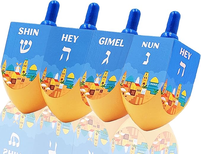 The Dreidel Company 4-Pack Extra Large Jerusalem Wood Dreidels, Let's Play The Hanukkah Game, (4-Pack)