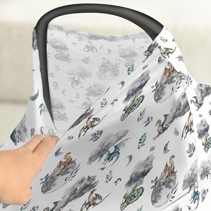Watercolor Dragons Car Seat Covers for Babies Fairytale Dragon Wings Leaves Stretchy 5-in-1 Cover Adjustable Infant Carseat Cover Canopy Dragon Moon Clouds Breathable Nursing Cover-Up