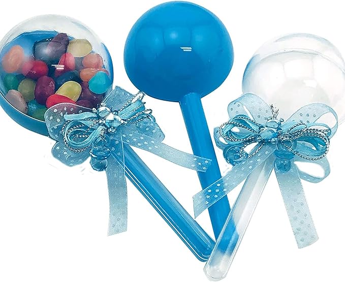48 Pieces Fillable Baby Rattle Party Favors, Blue with Decorative Bear & Ribbon