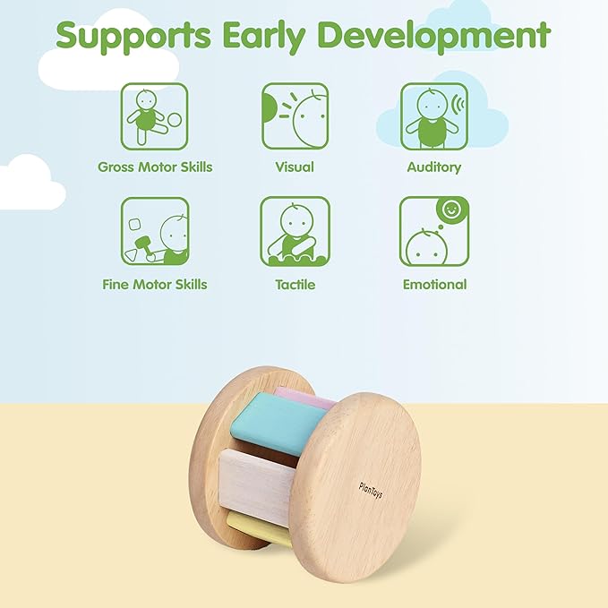PlanToys® Pastel Wooden Roller Toy for Babies | Montessori Sensory Toy with Gentle Rattle Sound | Eco-Friendly Crawling & Motor Skill Toy for Infants 6+ Months