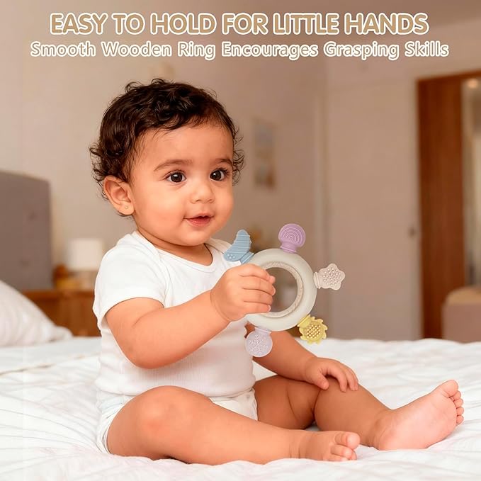 Baby Teether Ring for 0–12 Months, Detachable Wooden Silicone Teether with Easy-Grip Round Design, Sensory Teething Toy with Soft Textured Tips for Early Development