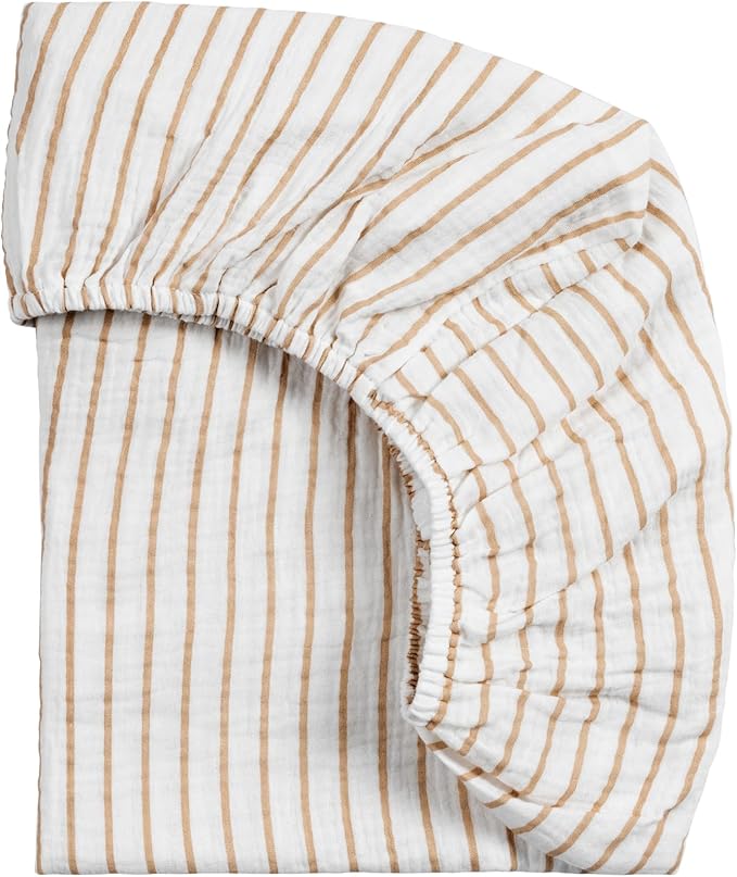 Meracorallo Muslin Mini Crib Sheet, Pack n Play Fitted Sheet, Soft and Breathable Pack and Play Playard Mattress Sheet for Baby Boys and Girls (Neutral Stripe)