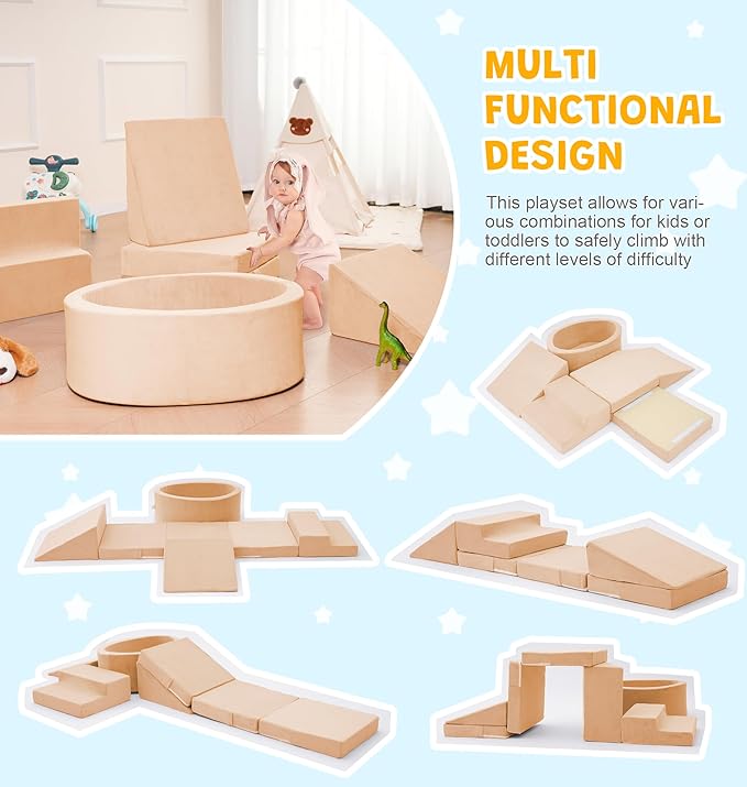 Elftopia Foam Climbing Blocks with Ball Pit & Stairs for Toddlers Aged 1-3 -Soft Playset for Indoor Crawling, Foam Playground Set for Baby to Active Playing Inside -(Balls NOT Included),Beige
