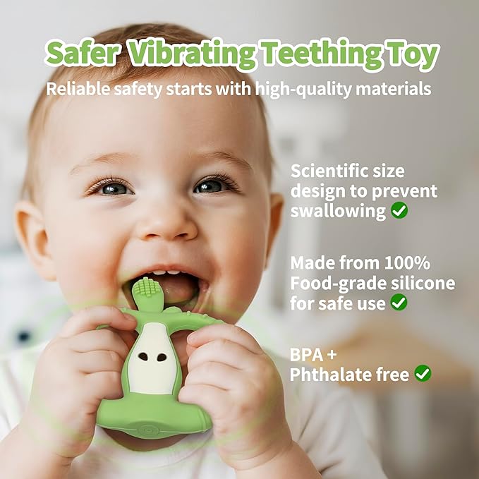 Vibrating Teether for Baby with Remote Control - Chewy Sensory Toy for Teething & Autism, 10-Speed Vibration Modes, USB Rechargeable, Food Grade Silicone Teether for Sensory Seekers (Green)