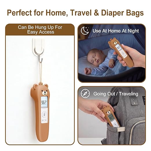 Cute Bear Silicone Thermometer Case Compatible with GoodBaby No-Touch Thermometer, Soft Anti-Drop Protective Cartoon Animal Cover Helps Calm Babies During Temperature Checks - Brown