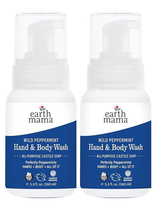 Earth Mama Wild Peppermint Hand & Body Wash | Foaming Castile Soap Liquid and Hand Soap, Made with Organic Wild Mint & Peppermint Oil, 5.3 fl oz (2-Pack)
