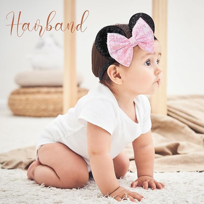 choicbaby Baby Girl Headbands Mouse Ears Headwrap with Sequin Polka Dot Bow Soft Stretchy Nylon Hair Bands for Newborn Infant Baby Toddler Girls- Pack of 4