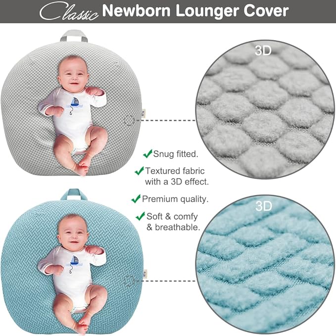 Strechy Newborn Lounger Cover, Removable and Ultra Soft Sung Fitted Baby Lounger Slipcover by BlueSnail (2 Pack, Lake Blue+Light Gray)