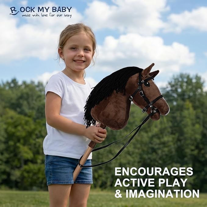 ROCK MY BABY Hobby Horse with a Detachable Bridle Plush Stuffed Stick Horse with Award Ribbon for Kids 3+ Years Old (Dark Brown)
