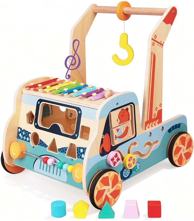 Wooden Baby Walker with Activity Center – Montessori Push Toy for Boys & Girls | Sit-to-Stand Walker for 10-12 Months & Toddlers 1-3 Years, Learning to Walk Gift