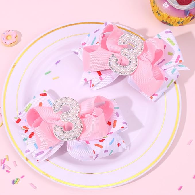 2PCS Hair Bows for Baby Girls Birthday - 3rd Birthday Hair Bow Sweet Theme with Ice Cream Party, Pink Hair Accessories for Baby Toddler 1 2 3 4 5 6 Years, Outfit & Decorations