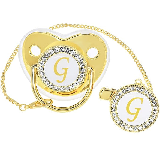 Bling Personalized Golden Baby Pacifier with Pacifier Clips and Anti-dust Cover A-Z 26 Letters(Gold,G)