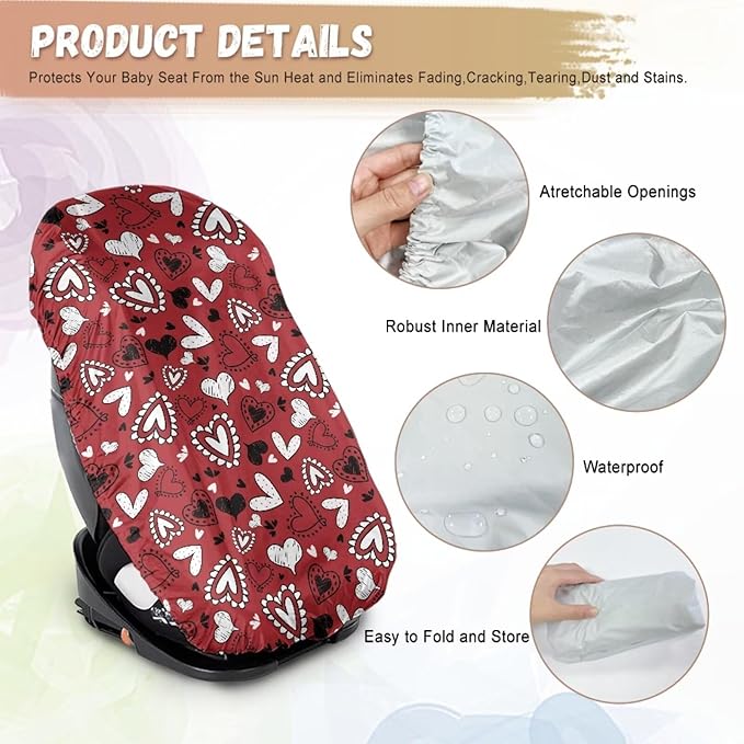 Valentines Day Car Decor Car Seat Sun Shade Cover with Heart Print Carseat Protector Car Seat Cover Baby, Tear-Resistant Sun Protection