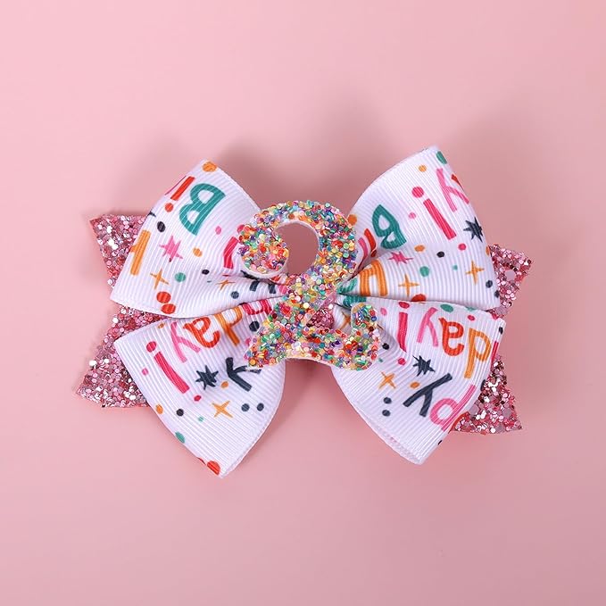 4" Glitter Happy Birthday Hair Bow Clips for Girls Ages 1-6, Pink Ribbon Cheer Bow Barrettes Alligator Hairpins, Confetti Ice Cream Party Dress Accessories, Her 2nd Birthday Gift