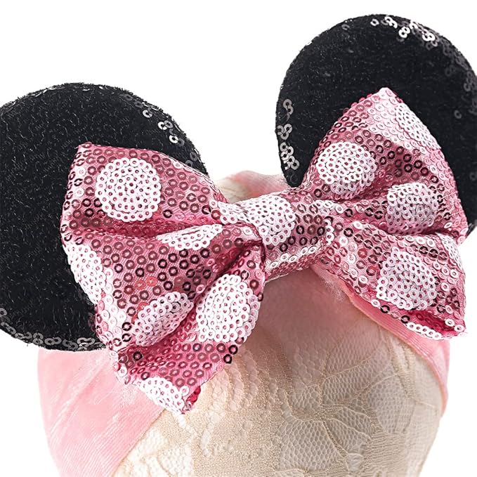 JIAHANG Baby Girl Mouse Ears Headwrap with Sequin Polka Dot Bow, Wide Velvet Turban Hairband, Hair Bow Headband for Toddler, Kids, Party Supplies (pink bow white dot HW)