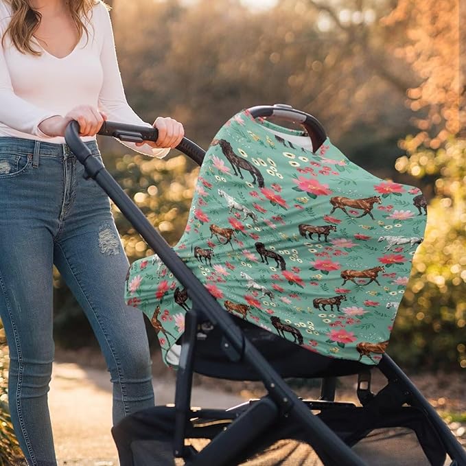 Car Seat Canopy for Baby Girls, Horse Print Nursing Cover Elastic Breastfeeding Cover Soft Car Infant Seat Cover