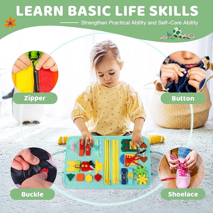 Toddler Busy Board for 1 Year Old, Montessori Toy Sensory Busy Book for Toddler 1-3 Fishing Game Life Skill, Learning Toy Car Ride Airplane Activities Travel Essential 2-4 Birthday Gift for Boy Girl
