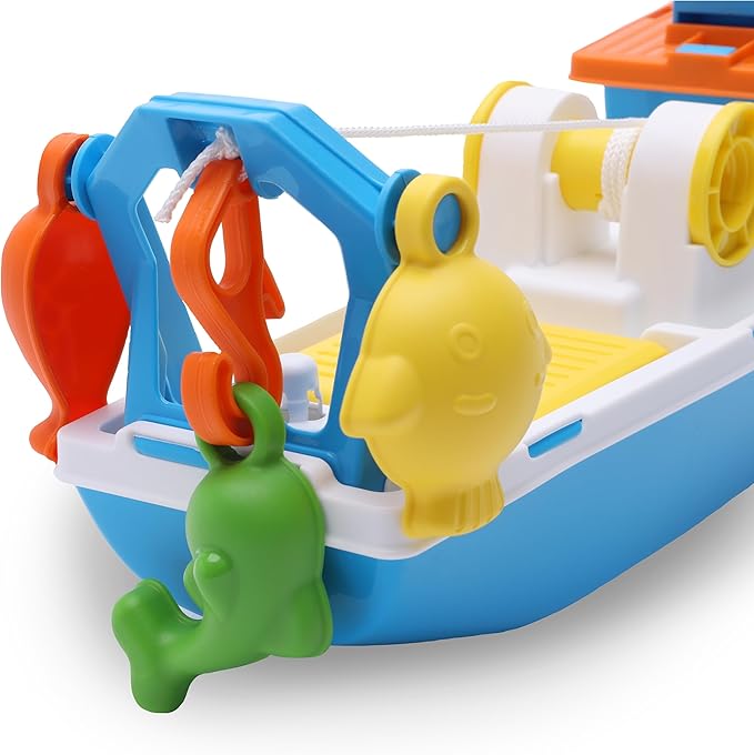 Toyland® 40cm (16") Colourful Fishing Boat with Moveable Doors, Fishing Hook & 4 Plastic Fish - Kids Floating Water Toy - Pool & Bathtime Toys - 3 Years+