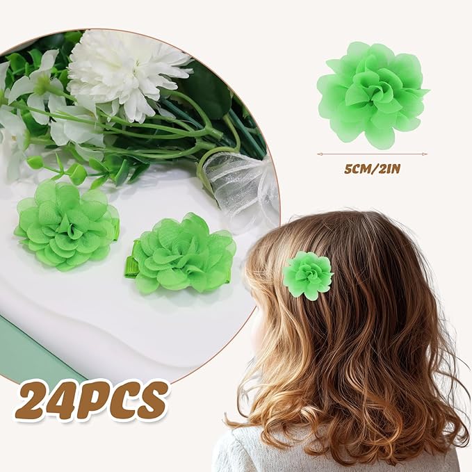24 PCS 2" Chiffon Flower Hair Bows Clips Artificial Fabric Flower Tiny Baby Hair Clips Fine Accessories for Women Girls Kids (Green)