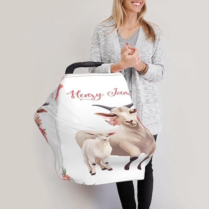 Personalized Car Seat Covers with Name, Goat Baby Canopy Carrier Cover, Breathable Breastfeeding Nursing Cover, Stretchy Multi-Use Infant Carseat Stroller Cover