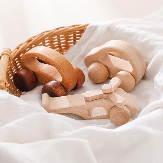 Wooden Baby Car and Airplane Toys,Wood Push Car for Toddler Montessori Baby Grip Toy Car,Gifts for Boys and Girls,Push and Pull Toy Car 3 Pieces