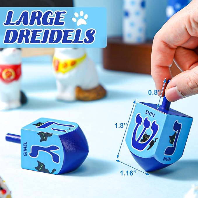 Wonderjune 2 Pcs Hanukkah Dreidels Extra Large Wooden Dreidel for Hanukkah Decoration with English Transliteration, Forever Spinning Tops Party Favors(Cat)