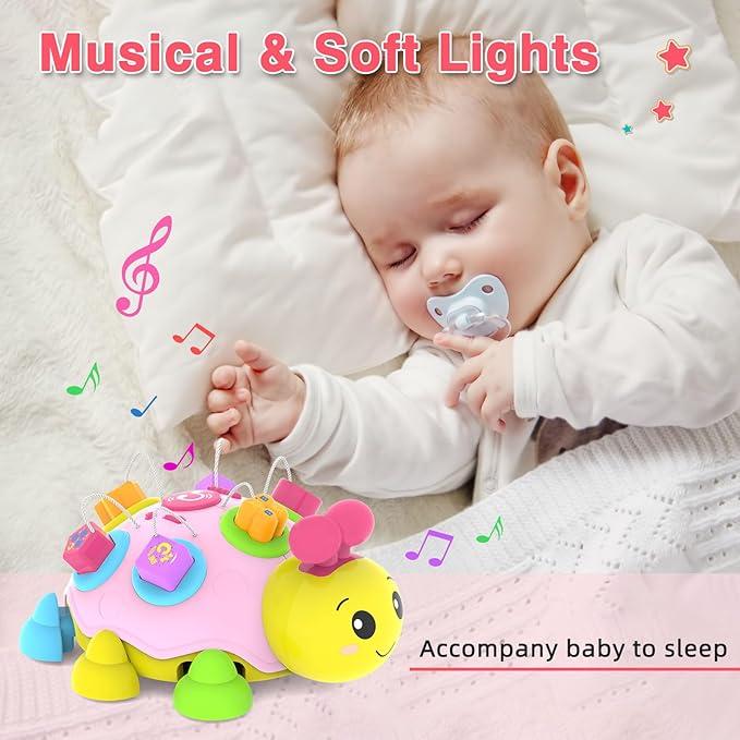 Baby Toys 6-12 Months,Musical Ladybug Crawling Toy and Seahorse Plush Toy for Infants 0-3-6 7 8 9 10 12-18 Months,Early Education Light Up Music，Shape Matching,Tummy Time Toys for Boy Girl Gift.