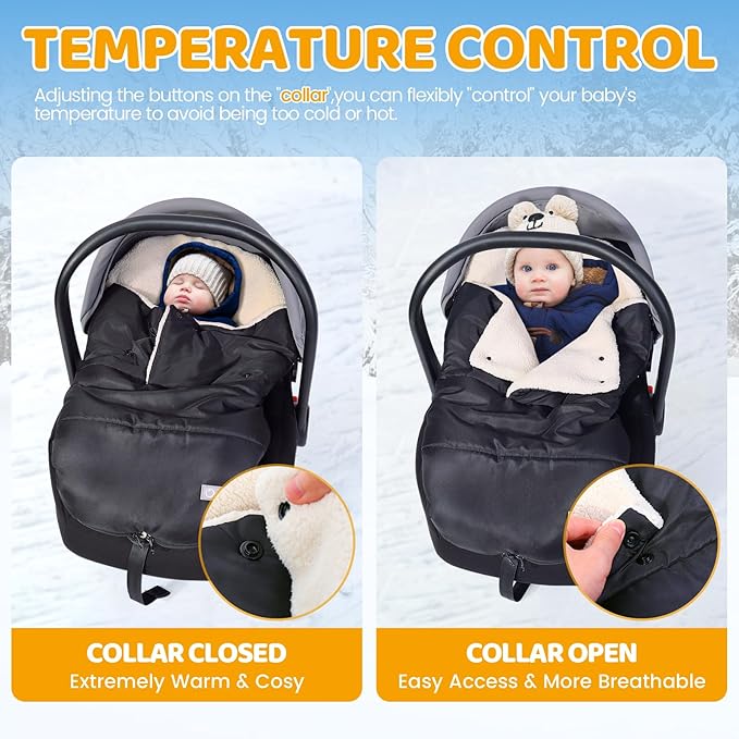 Orzbow Winter Carseat Cover for Baby | Infant Car Seat Cover, Waterproof Car Seat Blanket with Adjustable Collar | Warm and Cozy Fleece Carseat Canopy Blanket for Baby Winter Essentials, Black