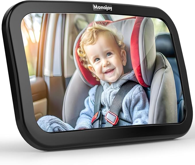 MONOJOY Baby Car Mirror Travel Car-Seat Infant Mirrors Safety Kids Rear View for Rear Facing with Wide View 360° Rotating|Adjustable|Shatterproof Convex Child Mirror, 11.8 ″ x 7.25 ″, Black
