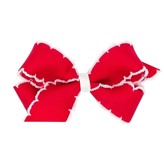 Wee Ones Girls' Classic Grosgrain Moonstitch Edge Hair Bow, No-Slip Hair Clip, Handmade, Red with White, Mini
