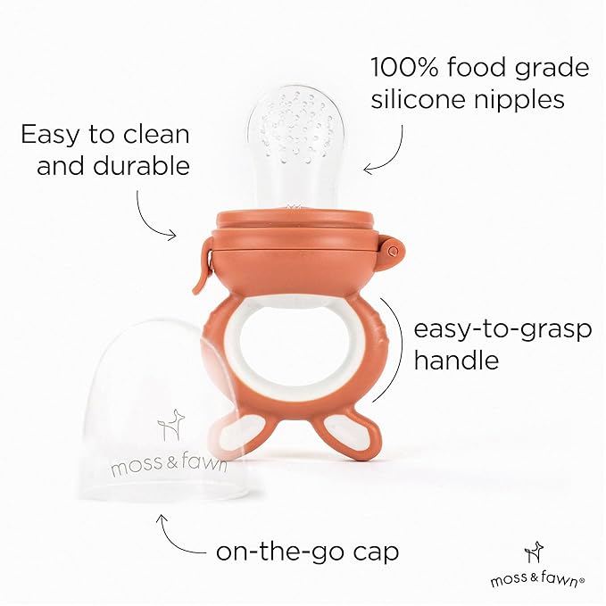Moss and Fawn Little Explorer Kit - Silicone Frozen Breast Milk Popsicle Kit with Forage Feeder, Teething Popsicle Ice Cube Tray, & Gather & Roll Baby Feeding Bib - BPA, PVC, & Lead-Free - Terracotta