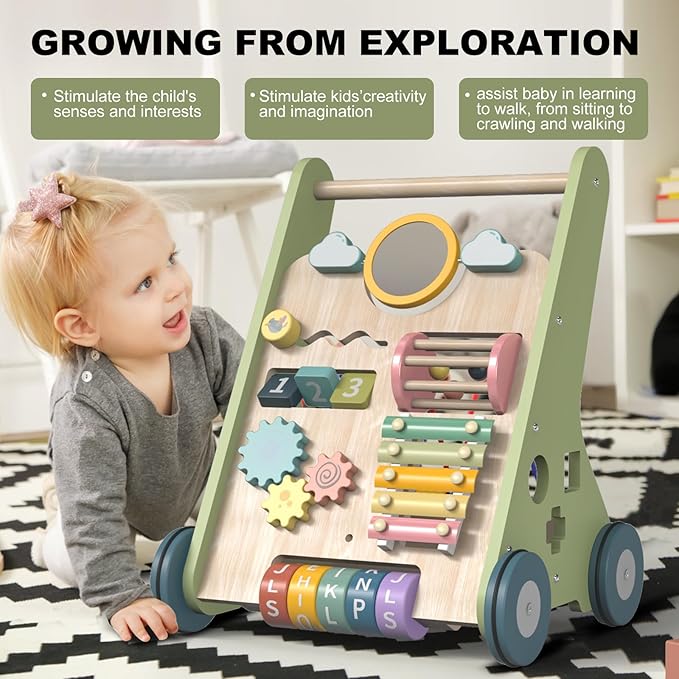 11-in-1 Montessori Baby Walker Toddlers Push Walker Wooden Activity Center Gift for 1 Year Old Boys Girls, Adjustable Speed & Quiet Wheels Learning to Walk Sensory Toys Baby Sit-to-Stand Walking Toys