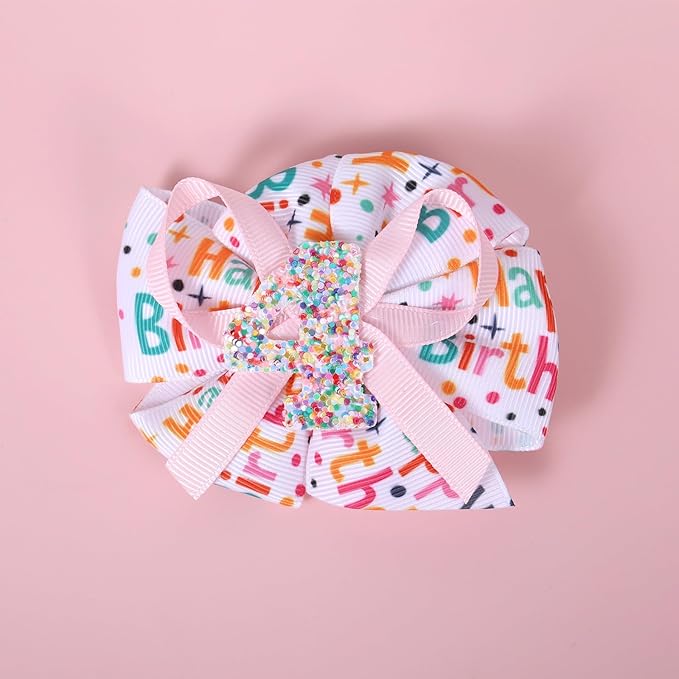3.5in Glitter Happy Birthday Gift Hair Bows Alligator Clips for Girls 1-6 Years Pink Sprinkle Confetti Ice Cream Party Dress Pigtail Decoration Accessories for Kids 4th Birthday