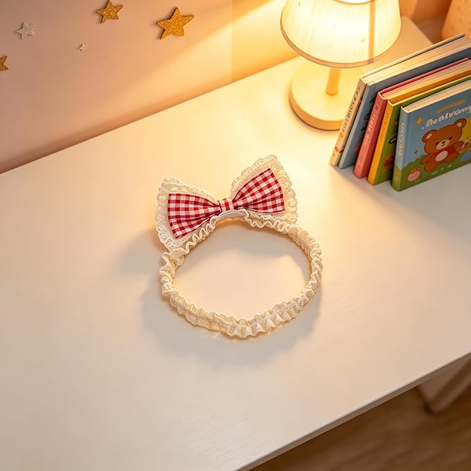 Baby Girls Hairbands Bow Lace Headband Handmade Soft Stretchy Pink Bowknot Hairbands Newborn Hairband with Bows Elastic Hair Bands for Kids Infant(Red Plaid Bow