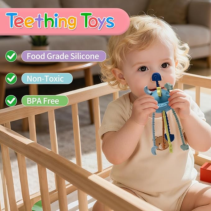 Little Rawr Silicone Baby Sensory Montessori Toys & Pull String Toys for 18 M+, Toddler Birthday Gift Car Seat Airplane Travel for 1 2 Year Old Boy Girl Infant 18 Months Old (Blue)