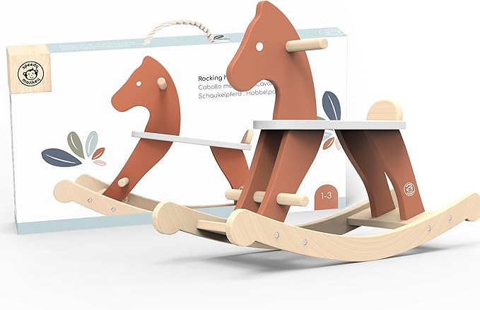 SPEEDY MONKEY Vintage Wooden Rocking Horse, Trendy Design, Handrails for Safe Rock & Ride, Non-Toxic Paint, Steady Motion, Classic Toy for Kids' Development and Fun