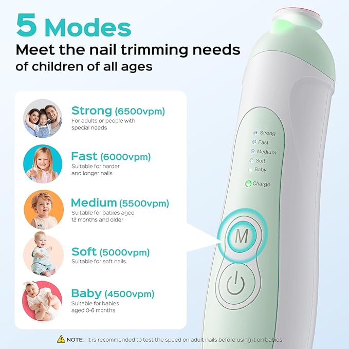 COSLUS C52 Rechargeable Baby Nail File: Cordless Baby Nail Trimmer Electric with 5 Speeds & 6 Grinding Heads for Baby Kid, CPC Certified and Quiet Design - Safe for Sleep Trim Buffer, Green