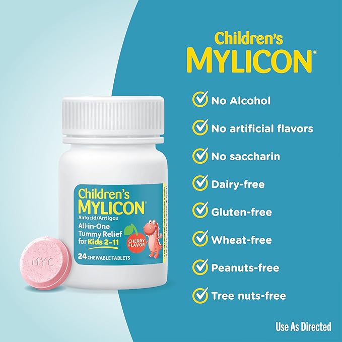 MYLICON Children's Tummy Relief for Kids, 24 Cherry Flavored Chewable Tablets